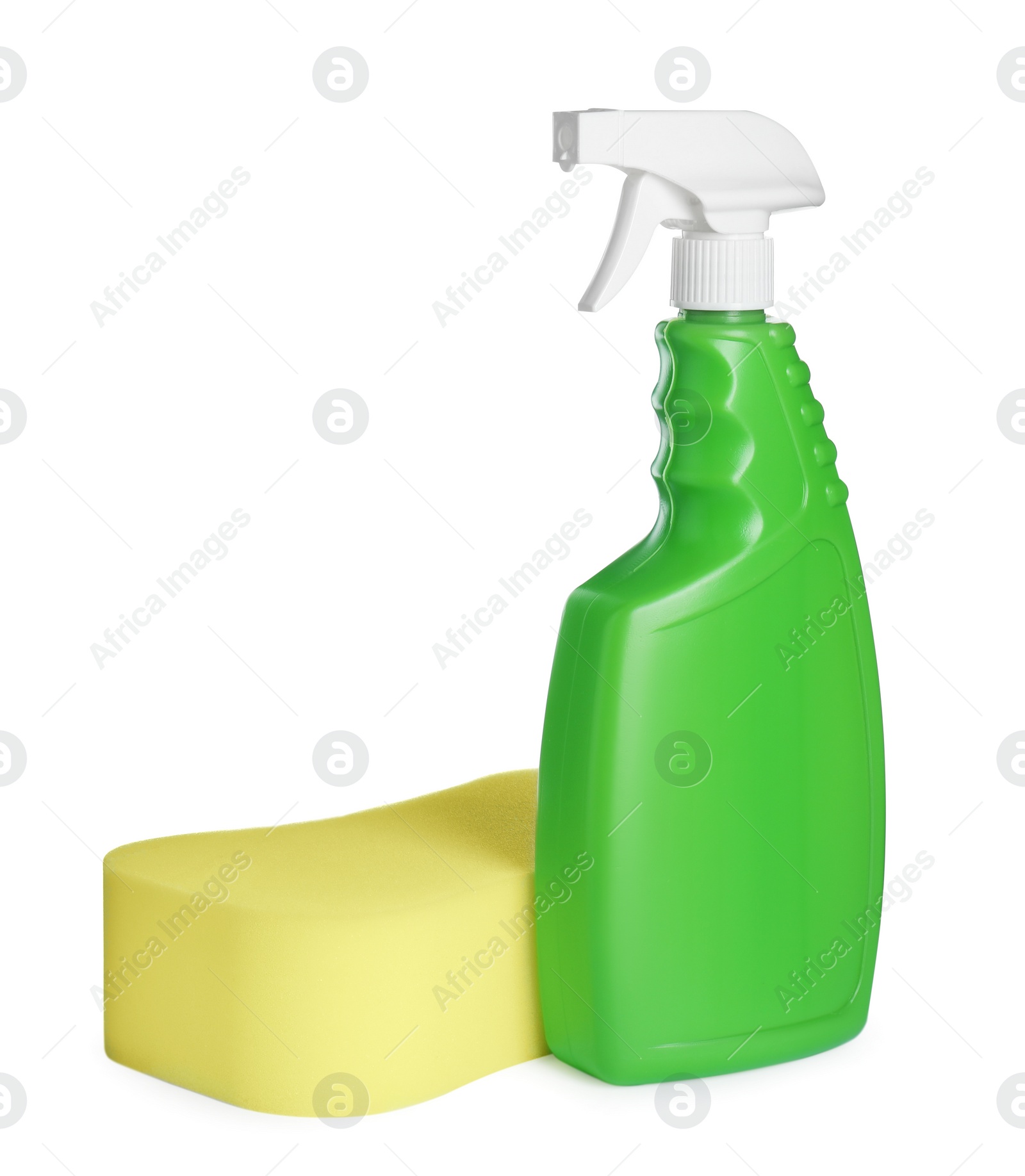 Photo of Spray bottle and car wash sponge on white background