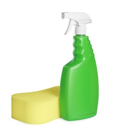 Spray bottle and car wash sponge on white background