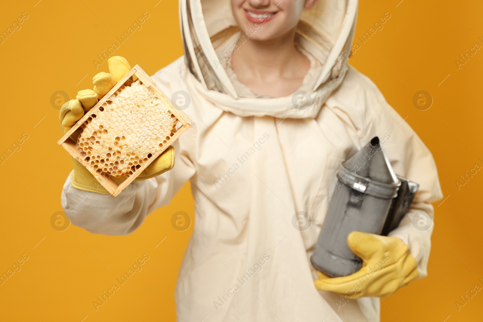 Photo of Beekeeper in uniform holding smokepot and hive frame with honeycomb on yellow background, closeup