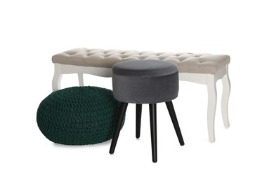 Photo of Different poufs and bench on white background. Home design