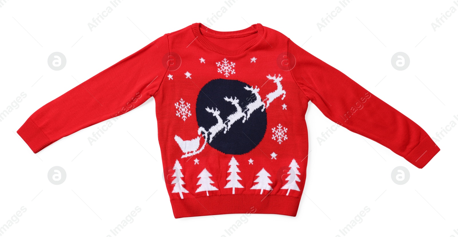 Photo of Red Christmas sweater with reindeer ornament isolated on white, top view