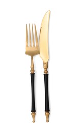 Photo of Knife and fork isolated on white, top view. Stylish shiny cutlery set