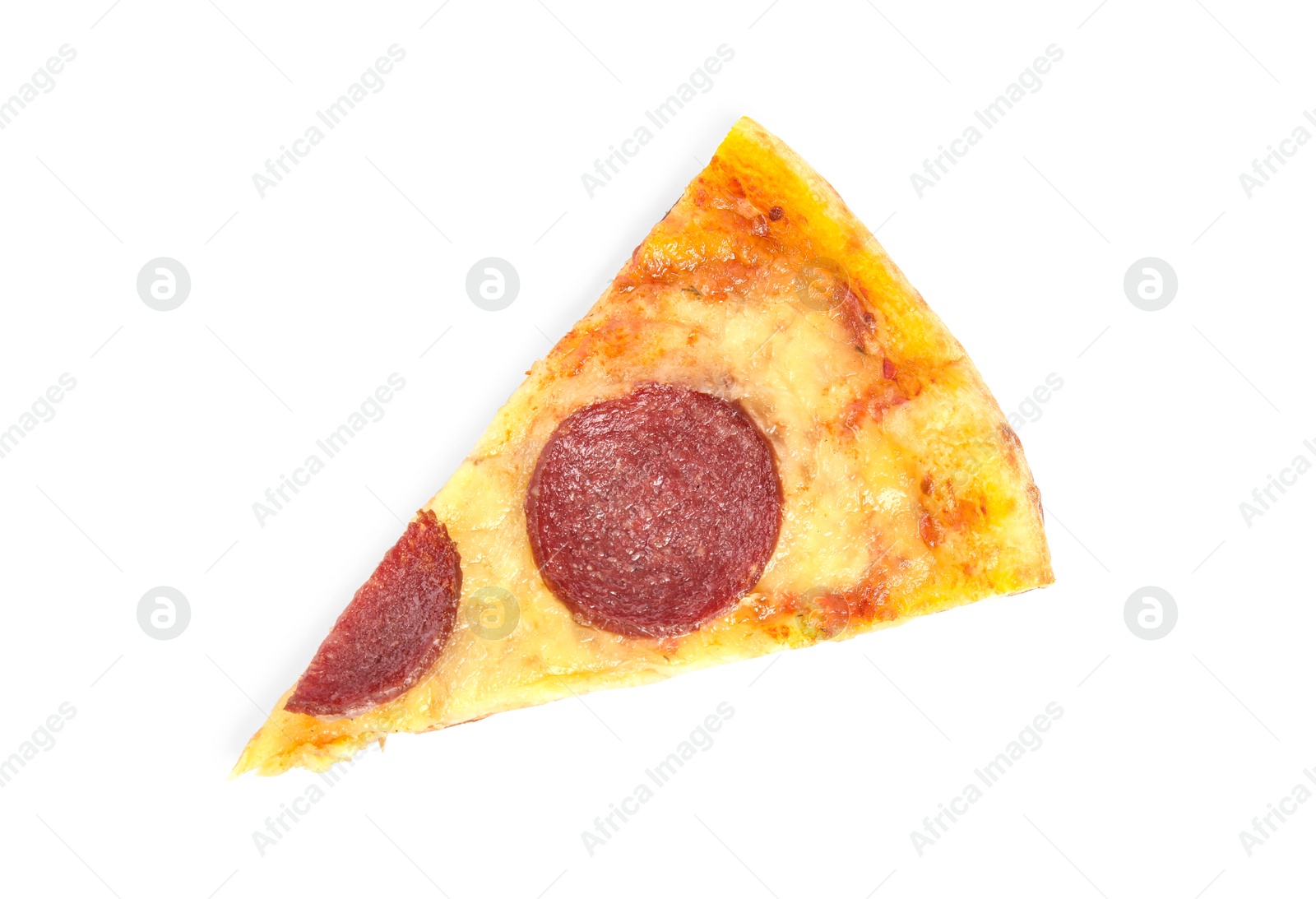 Photo of Slice of tasty pepperoni pizza isolated on white, top view