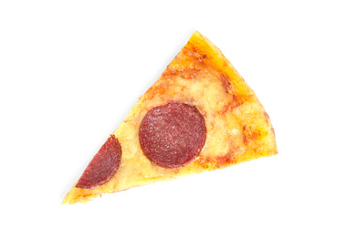 Photo of Slice of tasty pepperoni pizza isolated on white, top view