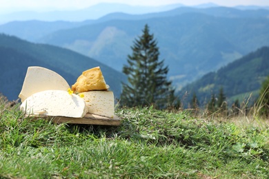 Photo of Wooden board with different kinds of delicious cheese on grass in mountains. Space for text