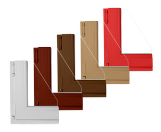 Image of Set with samples of modern window profile in different colors on white background