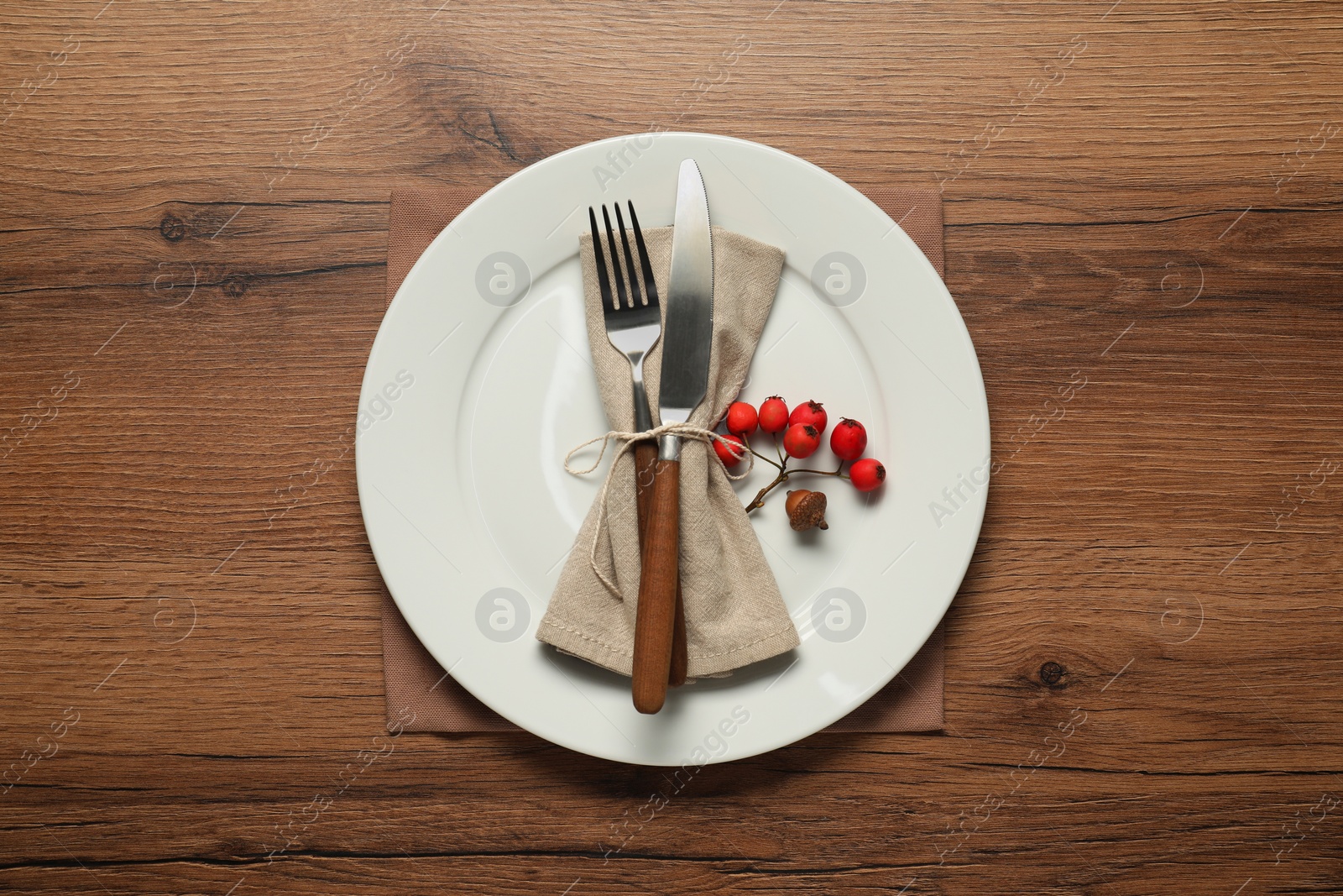 Photo of Stylish autumn table setting on wooden background, flat lay