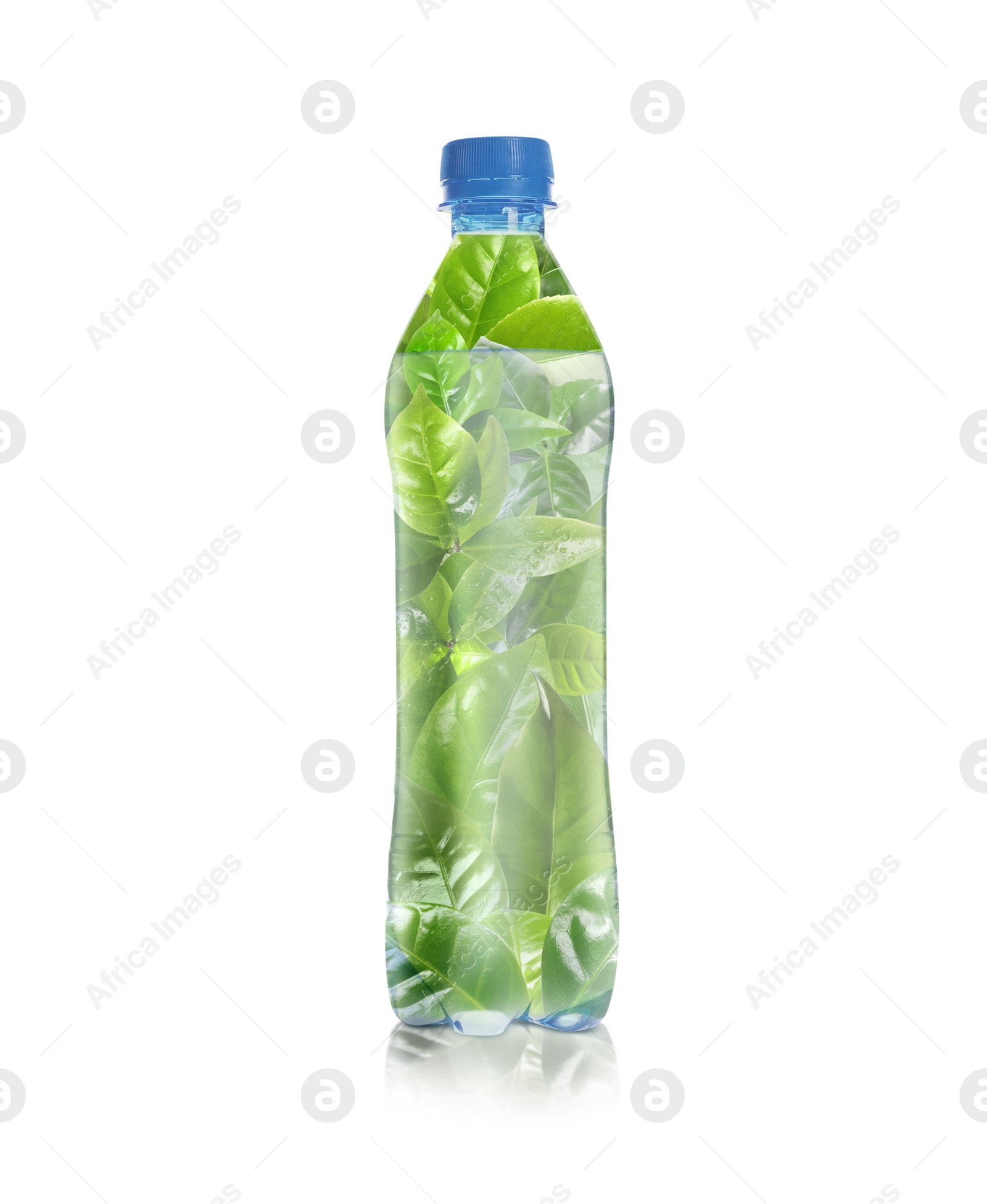 Image of Bottle made of biodegradable plastic and green leaves on white background