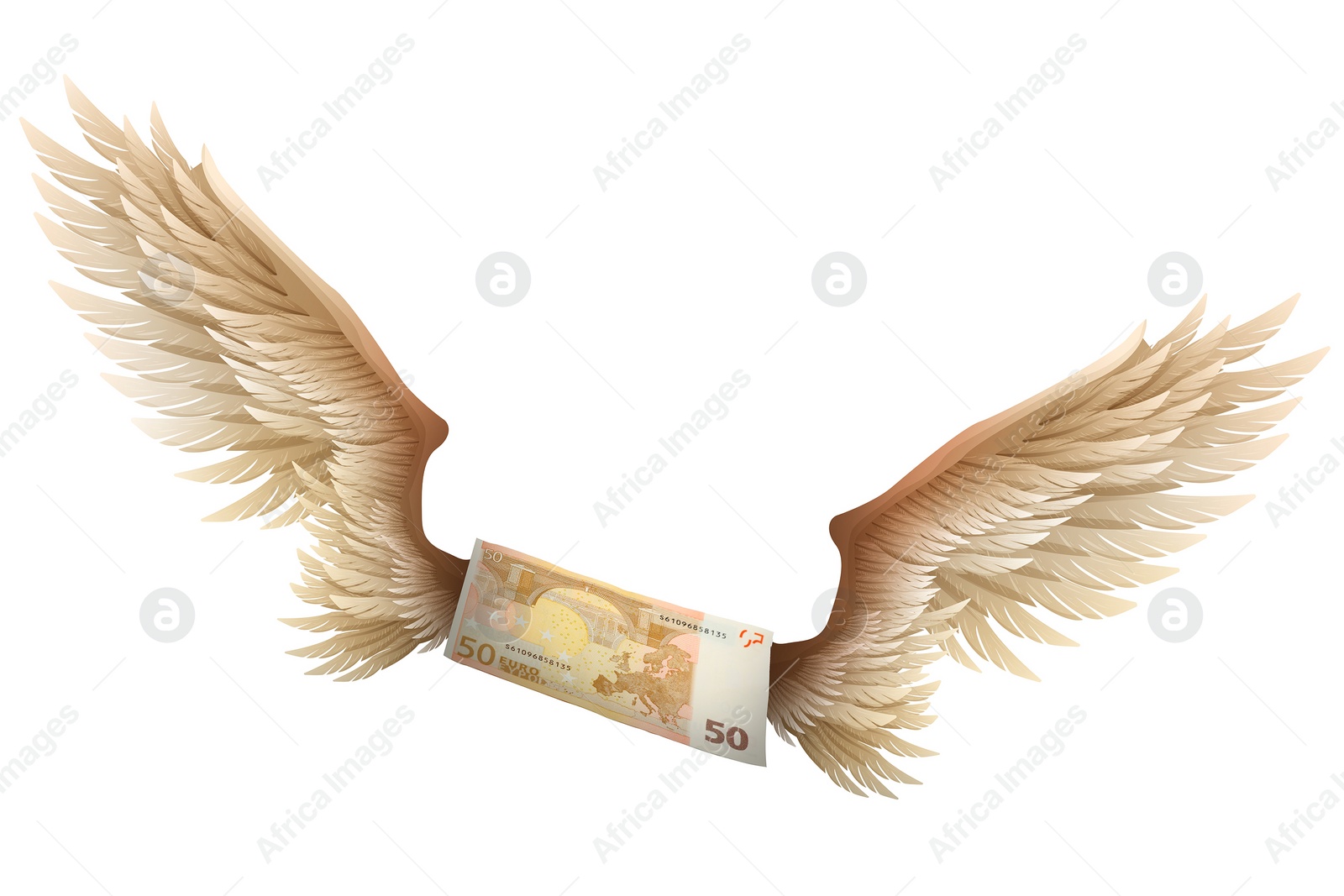 Image of Euro banknote with wings on white background