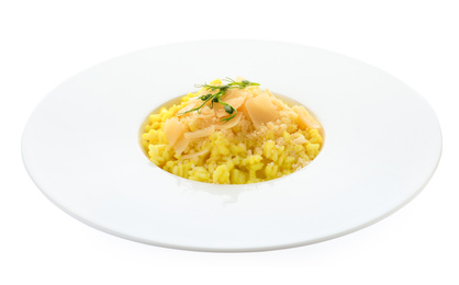 Photo of Delicious risotto with cheese isolated on white