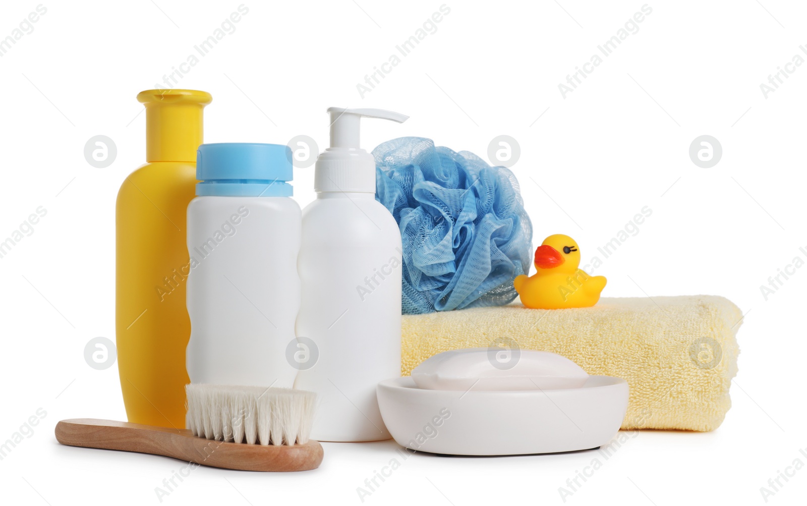 Photo of Baby cosmetic products, bath duck, brush and towel isolated on white