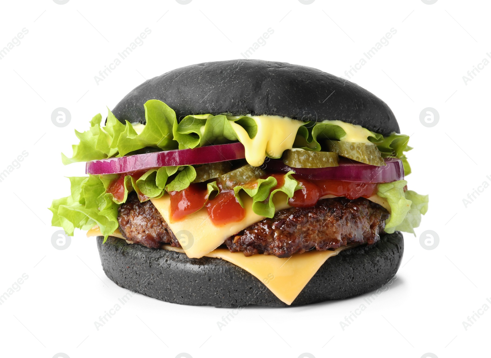 Photo of Tasty unusual black burger isolated on white