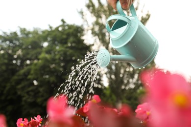 Photo of Man irrigating blooming plant with light blue watering can outdoors, closeup