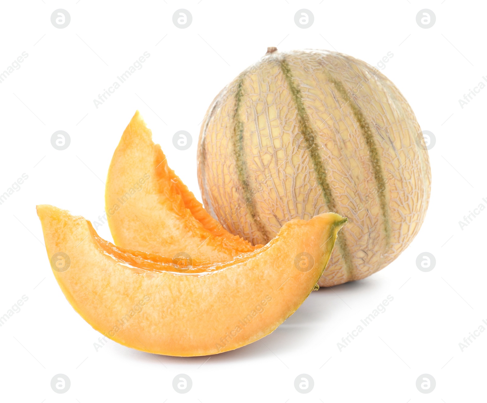 Photo of Whole and sliced tasty ripe melons on white background