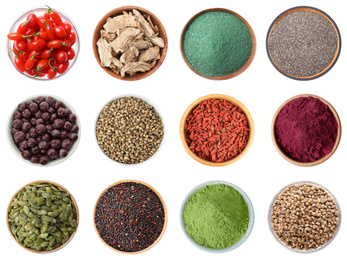 Image of Set of different superfoods on white background, top view