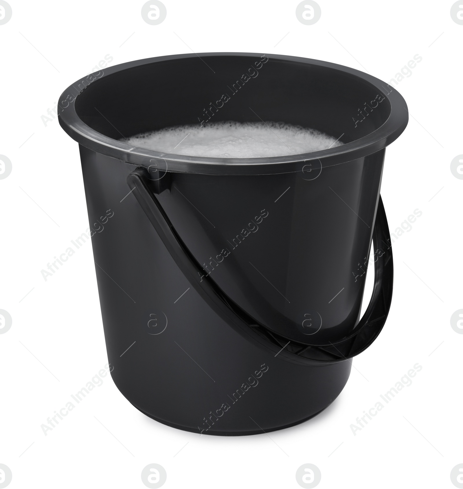 Photo of Black bucket with detergent isolated on white