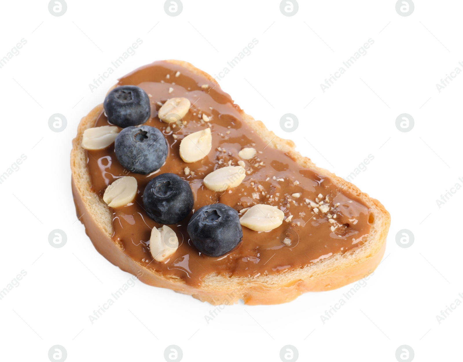 Photo of Toast with tasty nut butter, blueberries and peanuts isolated on white