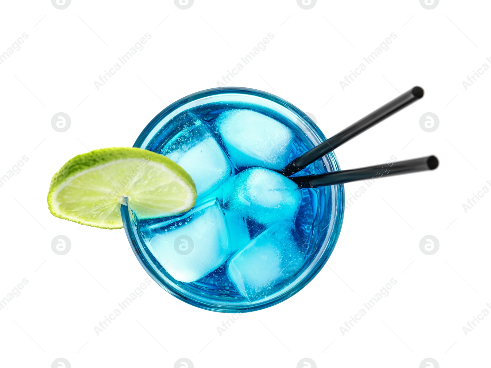 Photo of Glass of tasty refreshing cocktail on white background, top view