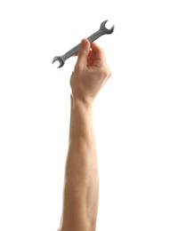 Photo of Man holding wrench on white background. Construction tools