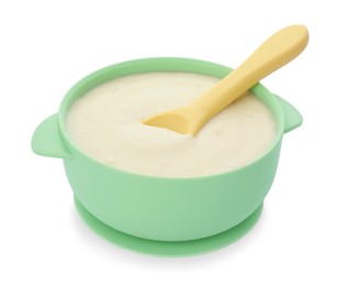 Photo of Healthy baby food in bowl on white background