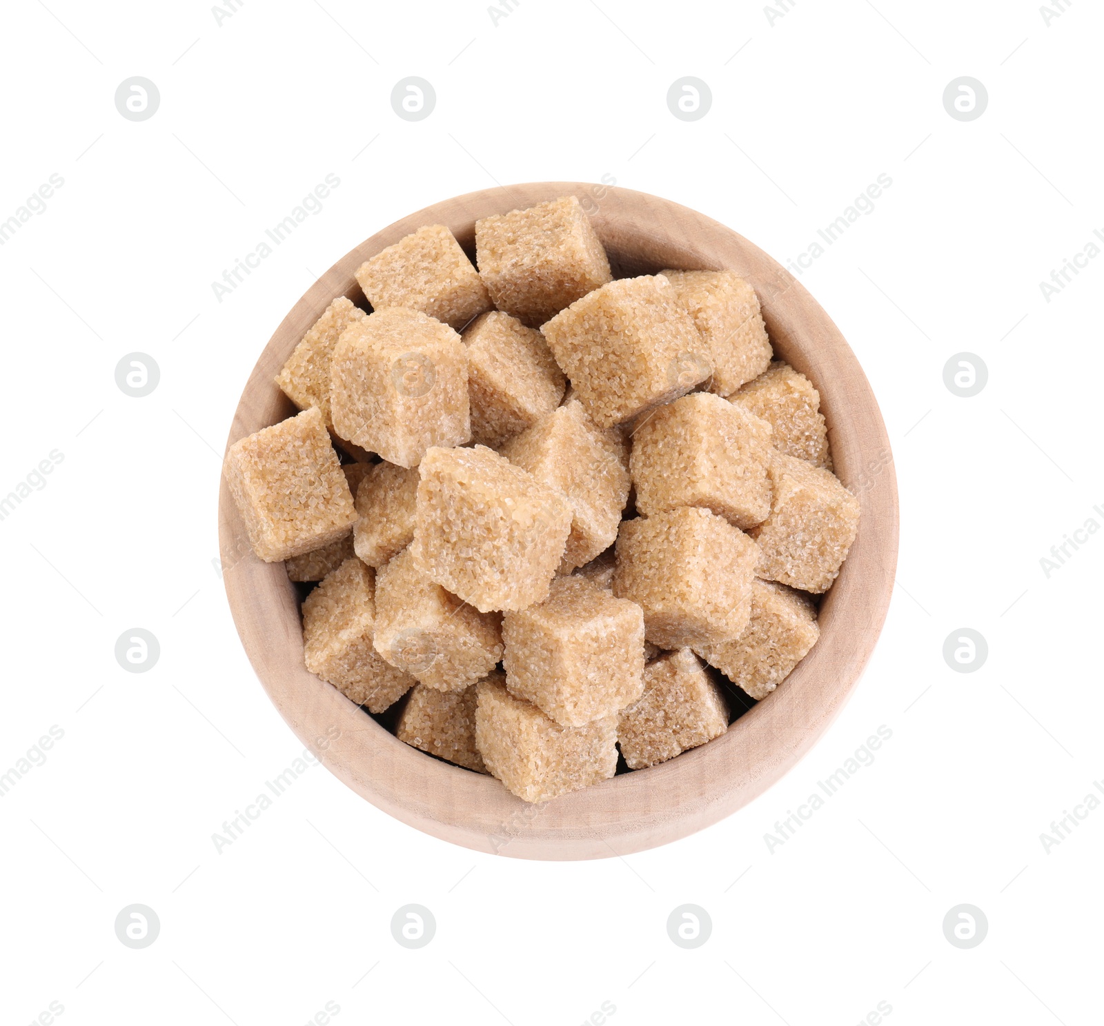 Photo of Brown sugar cubes in wooden bowl isolated on white, top view