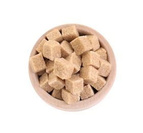 Photo of Brown sugar cubes in wooden bowl isolated on white, top view