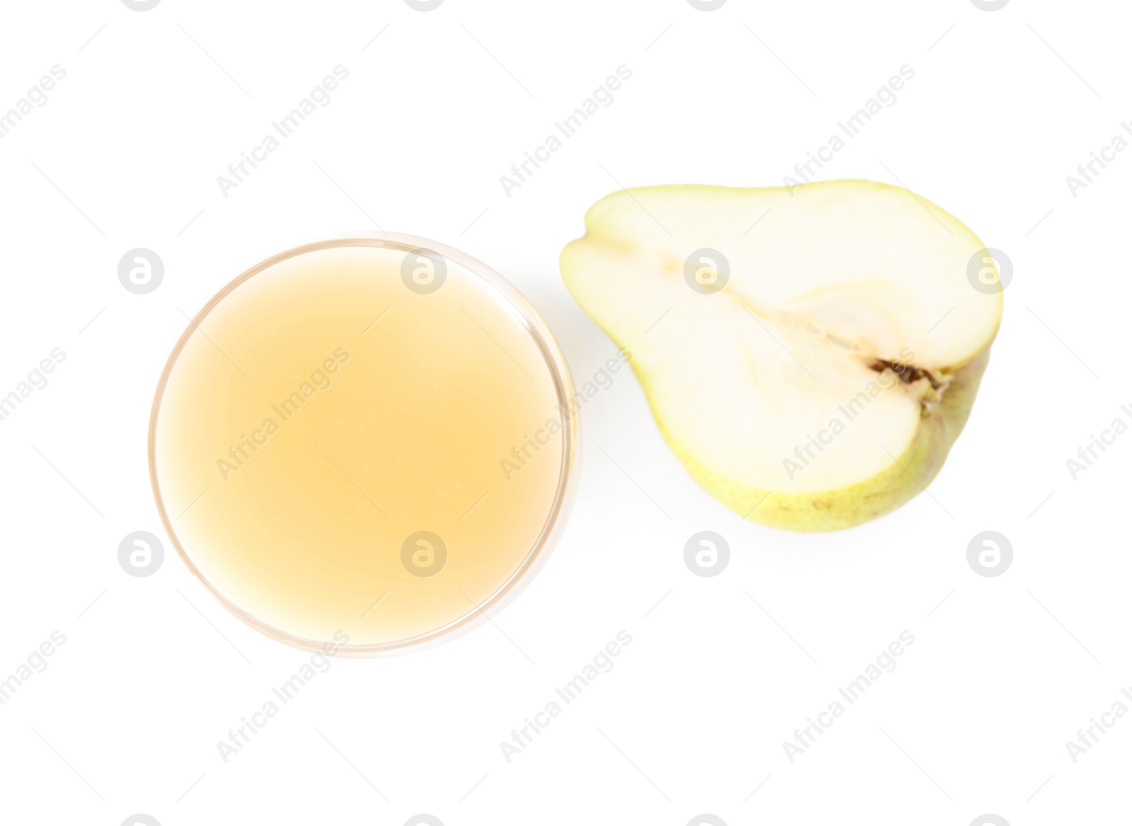 Photo of Tasty pear juice and fruit isolated on white, top view