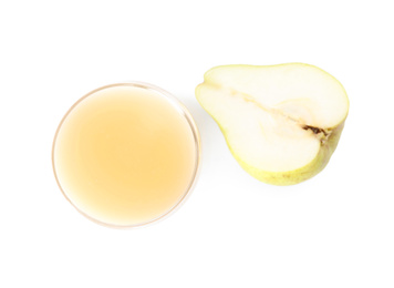 Photo of Tasty pear juice and fruit isolated on white, top view