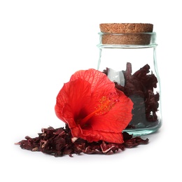 Photo of Dry hibiscus tea in glass jar and beautiful flower on white background