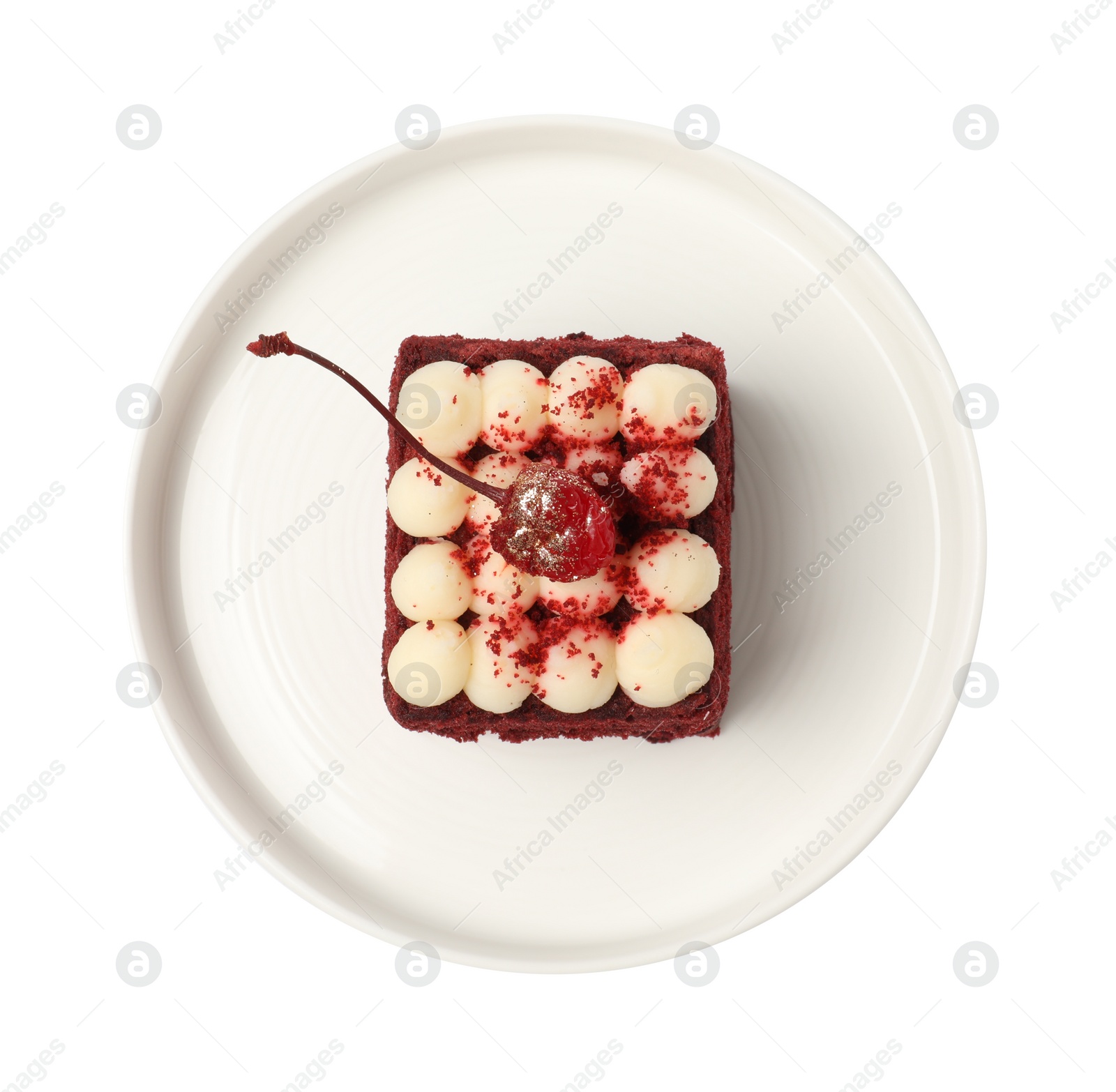 Photo of Piece of delicious red velvet cake on white background, top view