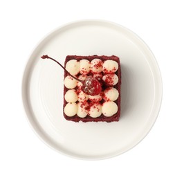 Photo of Piece of delicious red velvet cake on white background, top view