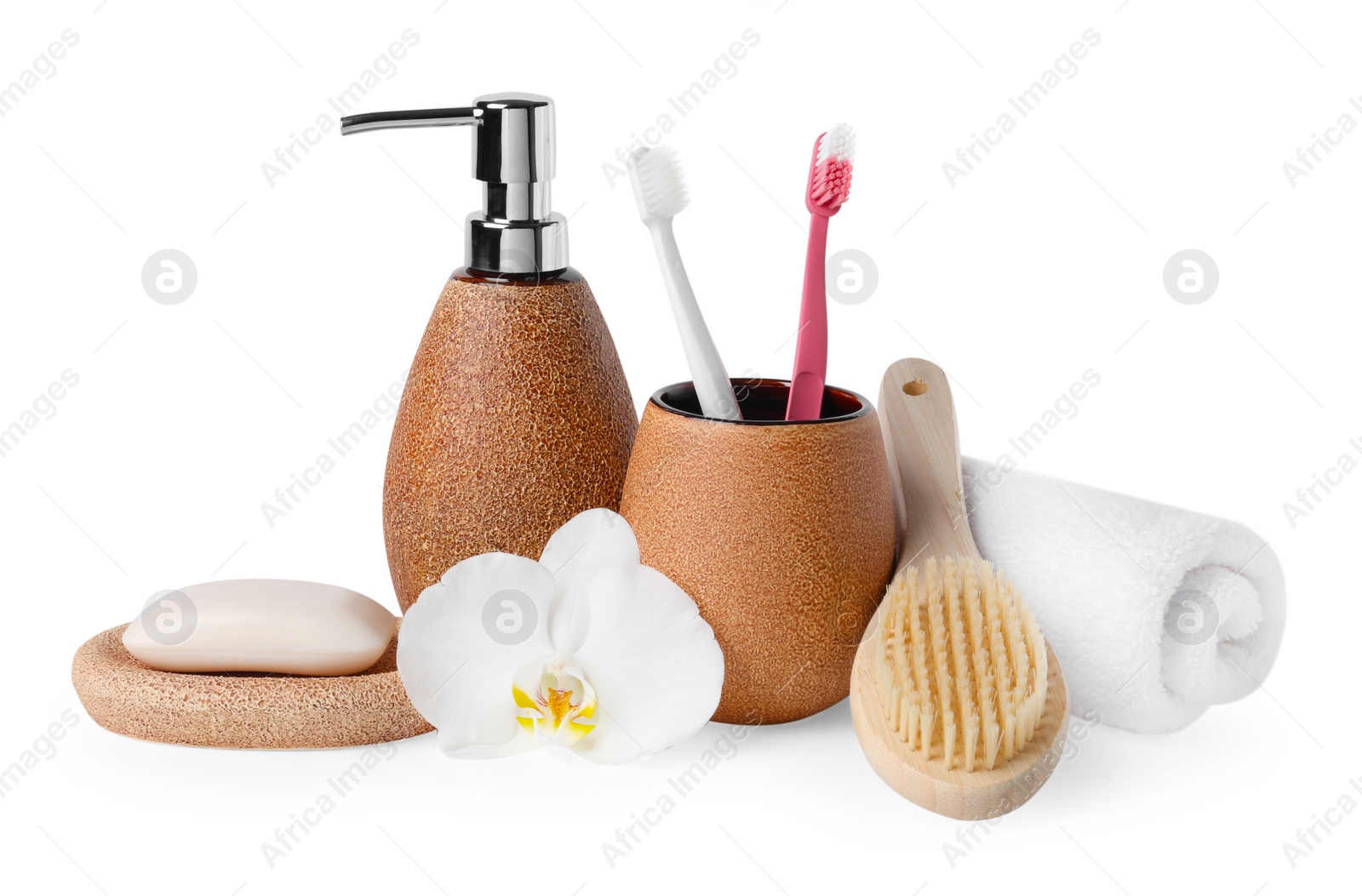 Photo of Bath accessories. Set of different personal care products and flower isolated on white