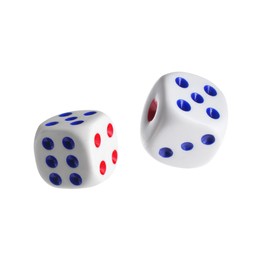 Image of Two dice in air on white background