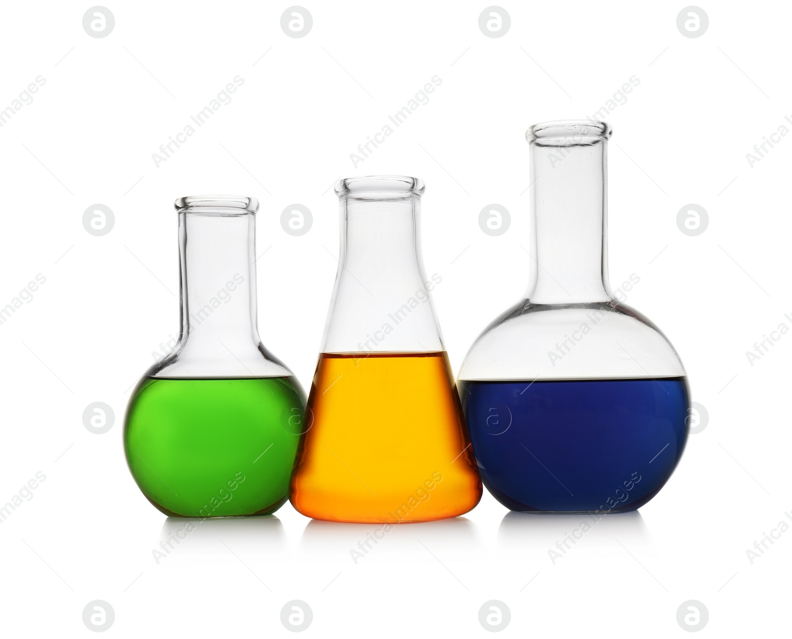 Photo of Chemistry glassware with color samples isolated on white