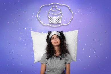Insomnia. Woman can`t fall asleep because of hunger against starry night sky. Thought cloud with illustration of cupcake above her