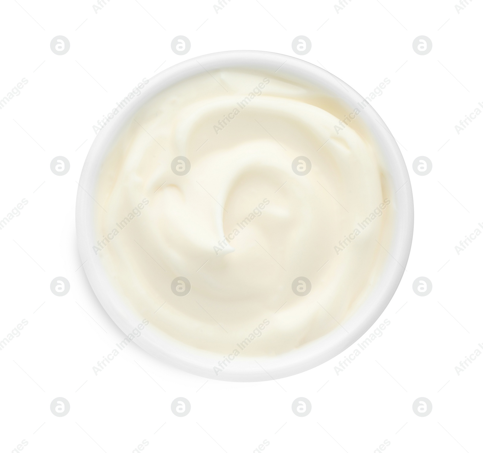 Photo of Tasty fresh mayonnaise sauce in bowl isolated on white, top view