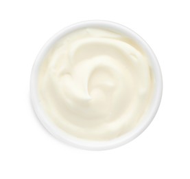 Photo of Tasty fresh mayonnaise sauce in bowl isolated on white, top view