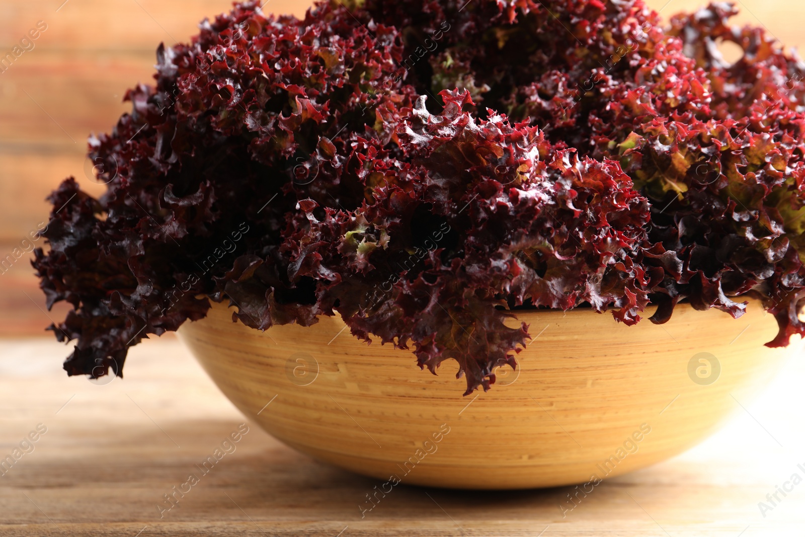 Photo of Bowl with fresh red coral lettuce on table, closeup