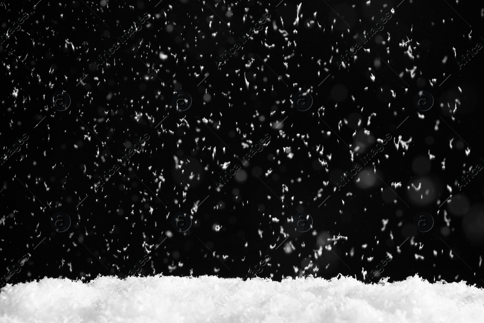 Photo of Snow flakes falling on black background. Winter weather