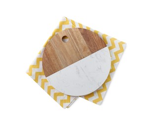 Cutting board and kitchen towel isolated on white, top view