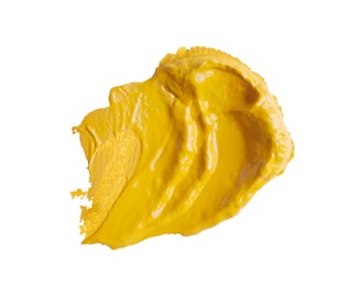 Photo of Yellow paint stroke on white background, top view