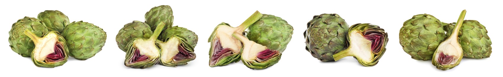 Image of Set with fresh raw artichokes on white background. Banner design 