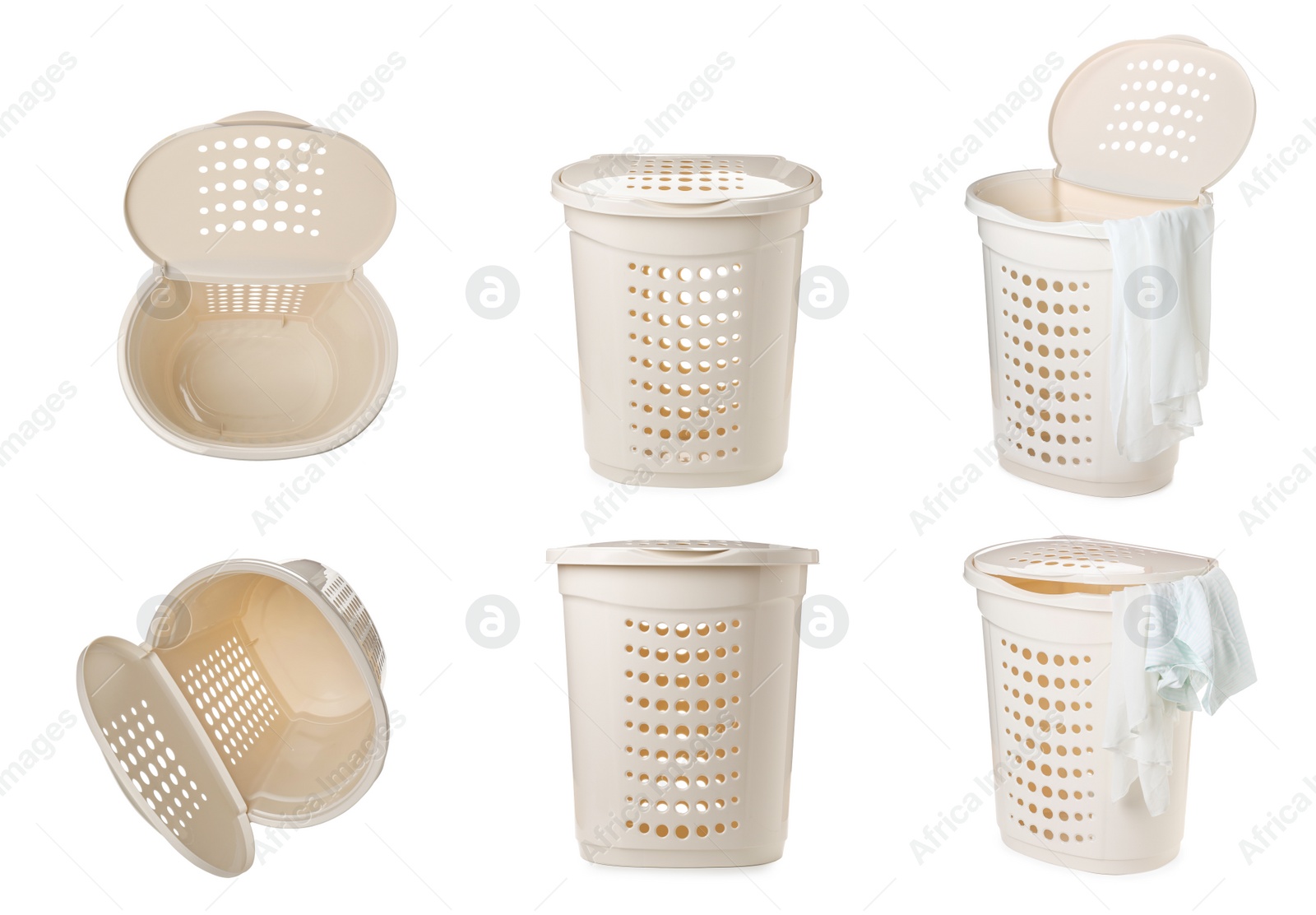 Beige laundry basket on white background, view from different sides Image of Beige laundry basket on white background, view from different sides