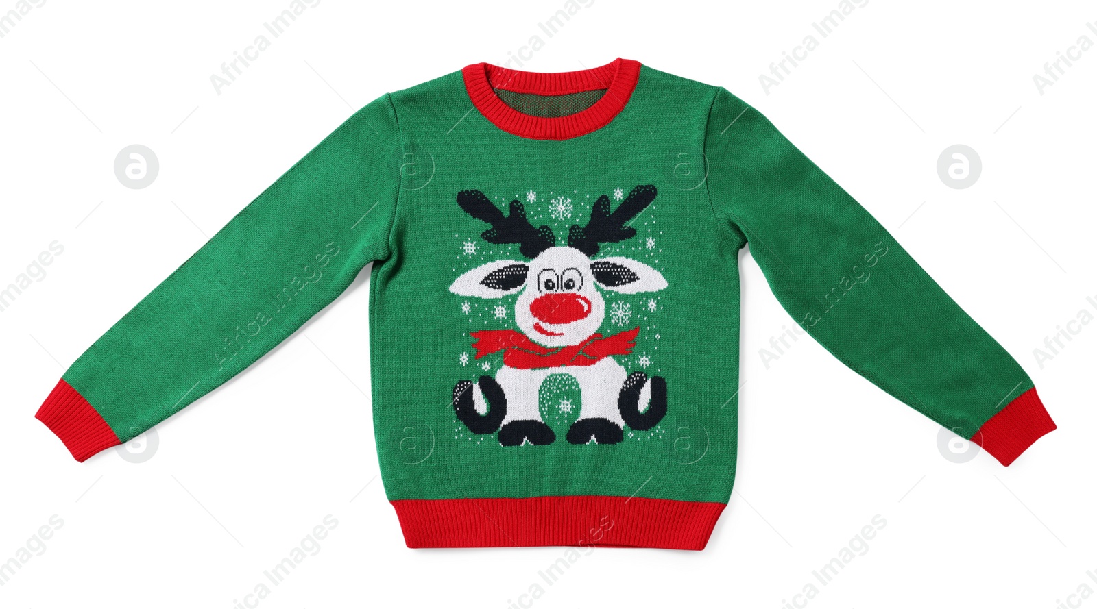 Photo of Green Christmas sweater with reindeer isolated on white, top view