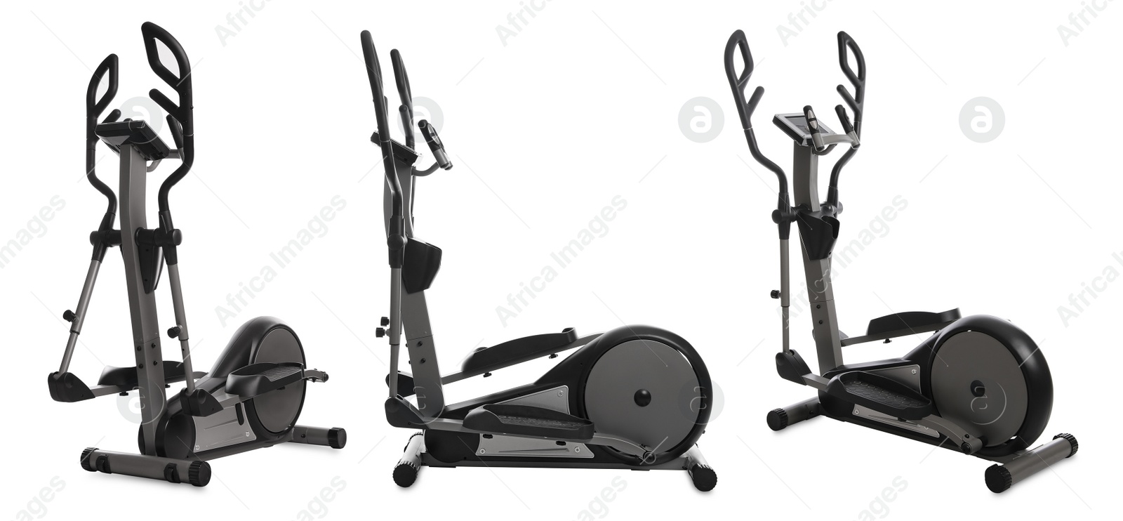 Image of Set with modern elliptical machines on white background. Banner design