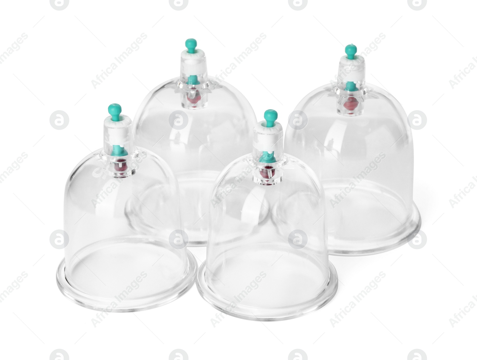 Photo of Plastic cups isolated on white. Cupping therapy