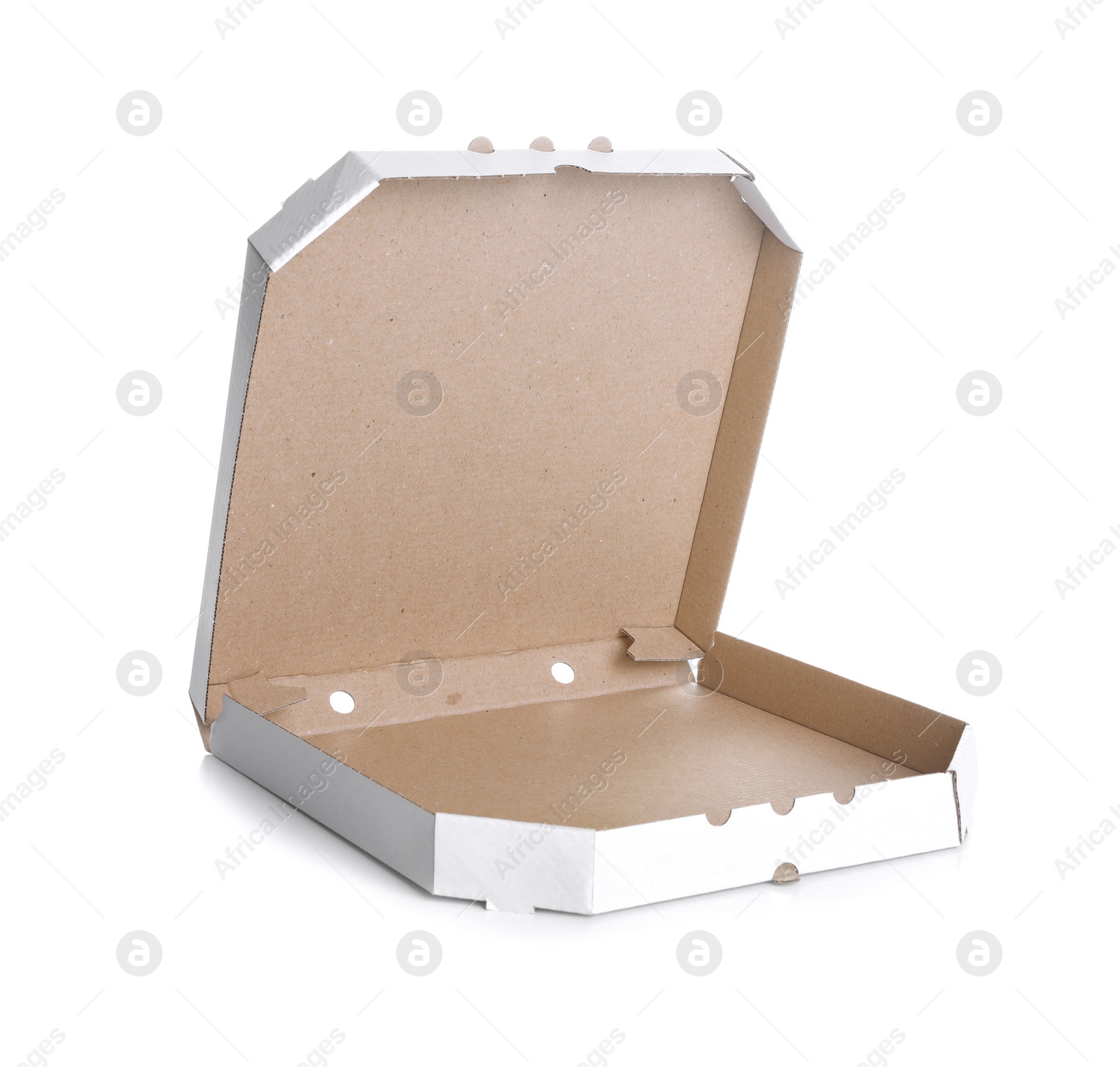 Photo of Open cardboard pizza box on white background