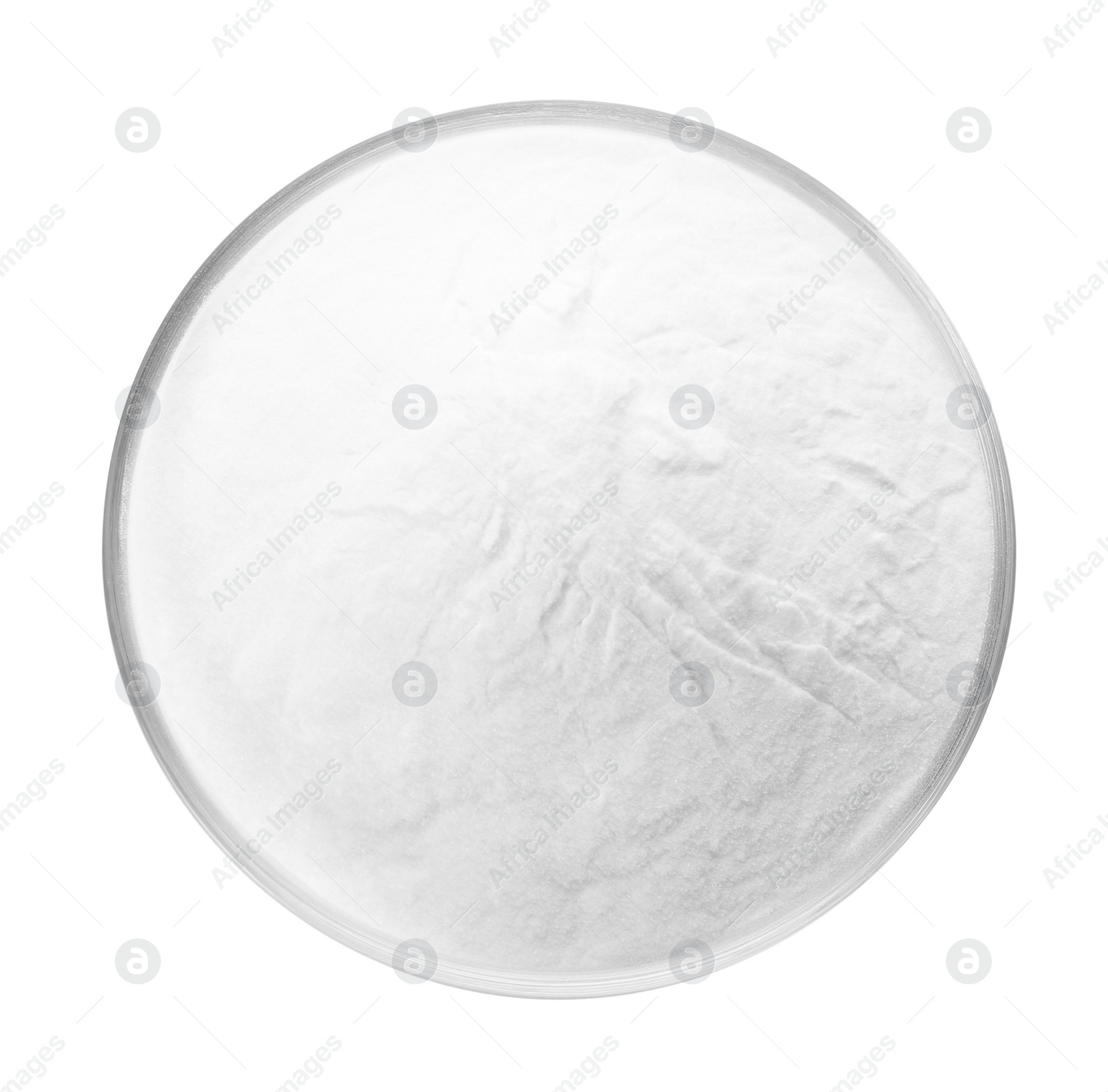 Photo of Baking soda in bowl isolated on white, top view