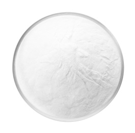 Baking soda in bowl isolated on white, top view