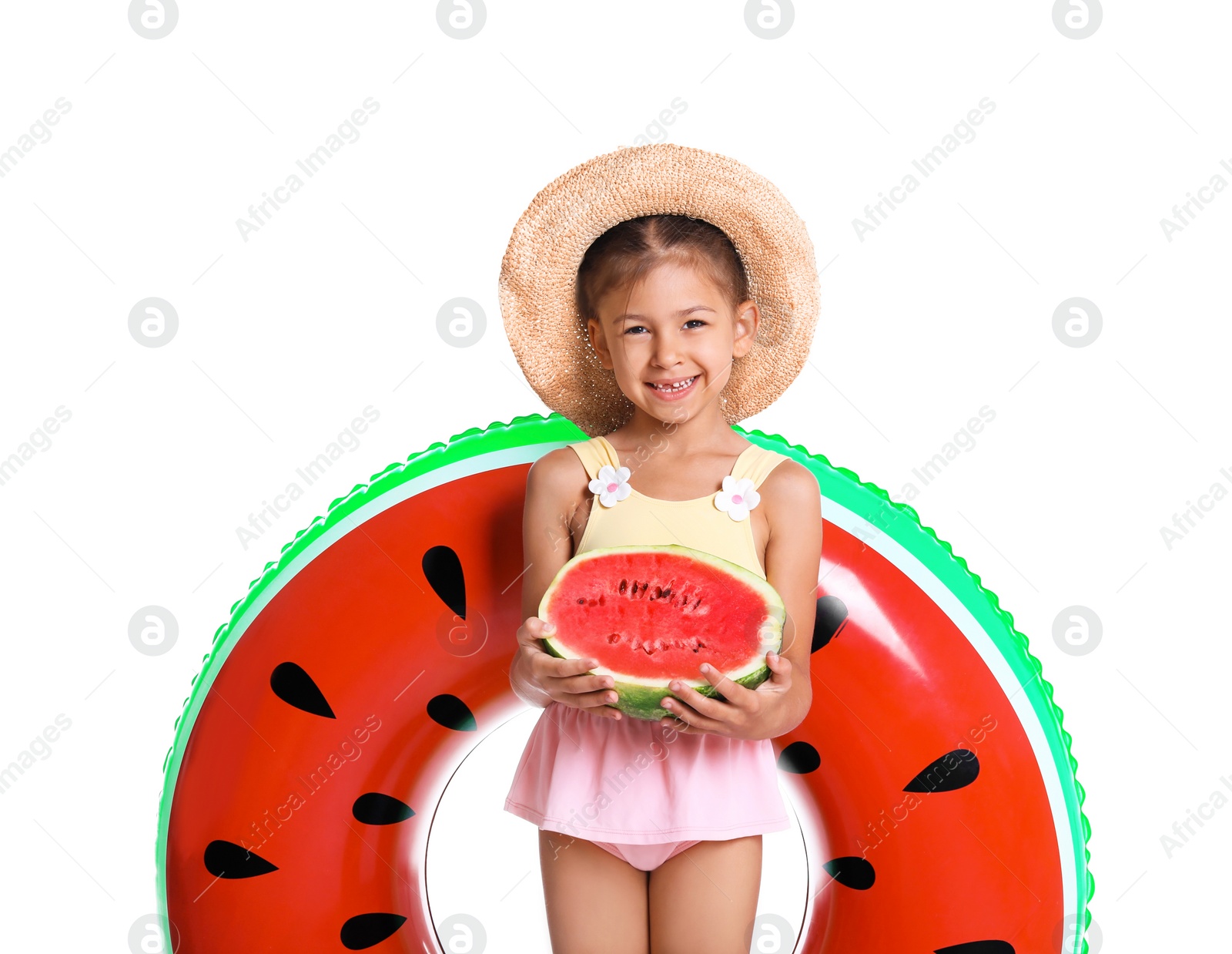 Photo of Cute little girl with inflatable ring and watermelon on white background